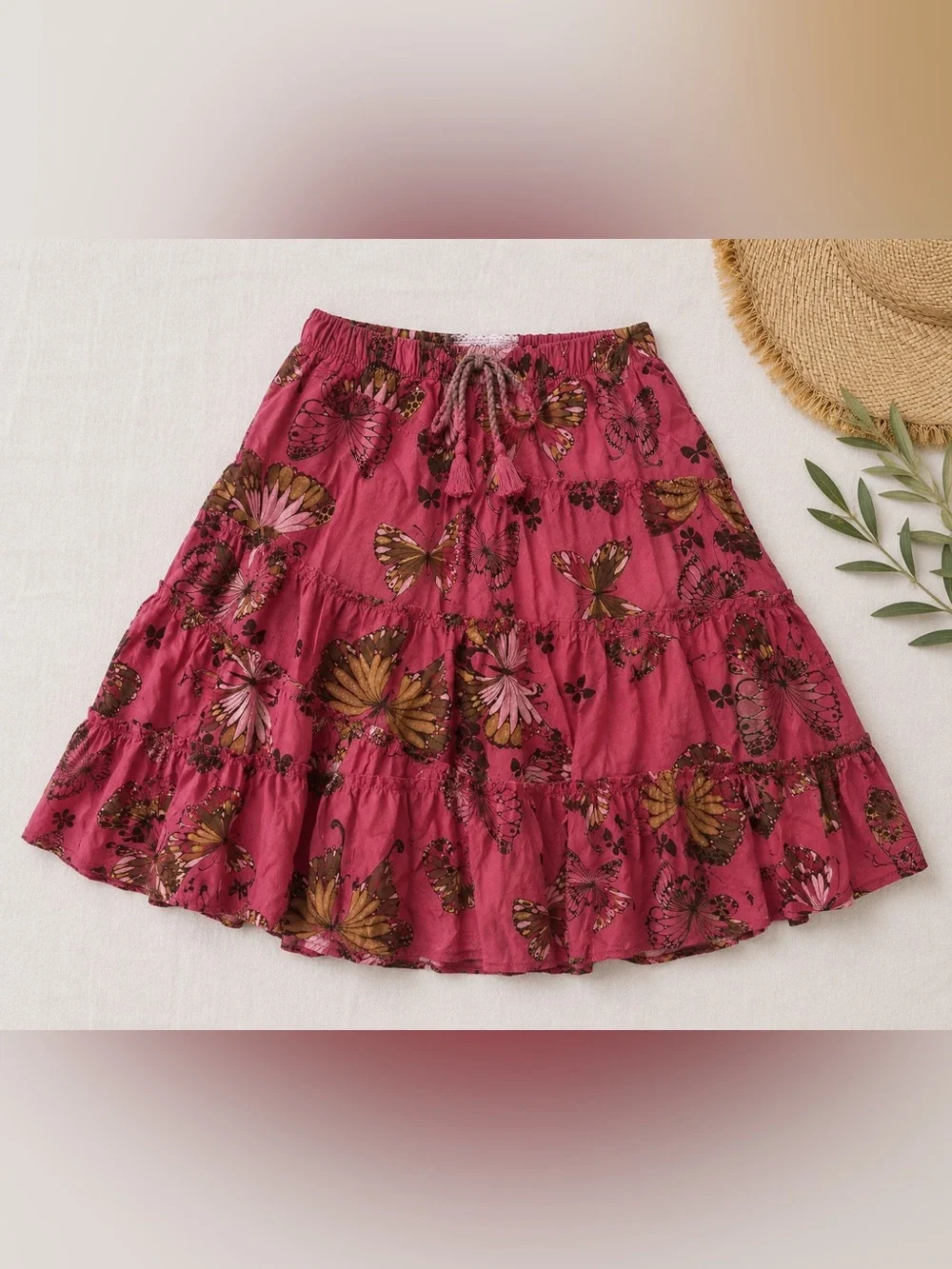 Gap Kids Butterfly Print Tiered Boho Skirt Pink Cotton Girls Size S 6-7 Y2K